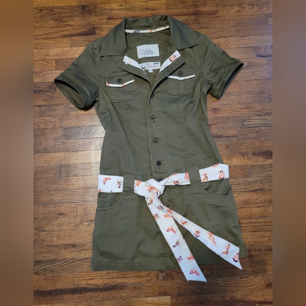 Miss Top Gun Flight Suit Mini Dress Jumpsuit Romper XS Pinup Print Olive Green